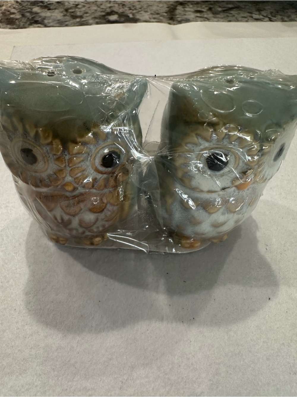 Ceramic Owl Salt and Pepper Shakers - Light Blue and Gold